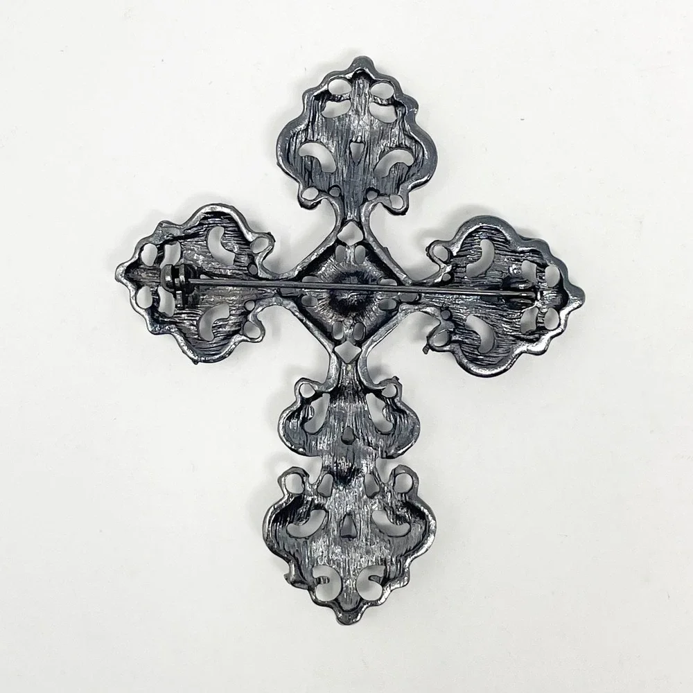 Gunmetal Cross Brooch AB Rhinestone Filigree Gothic Dark Fairy Vampire Core 2.5